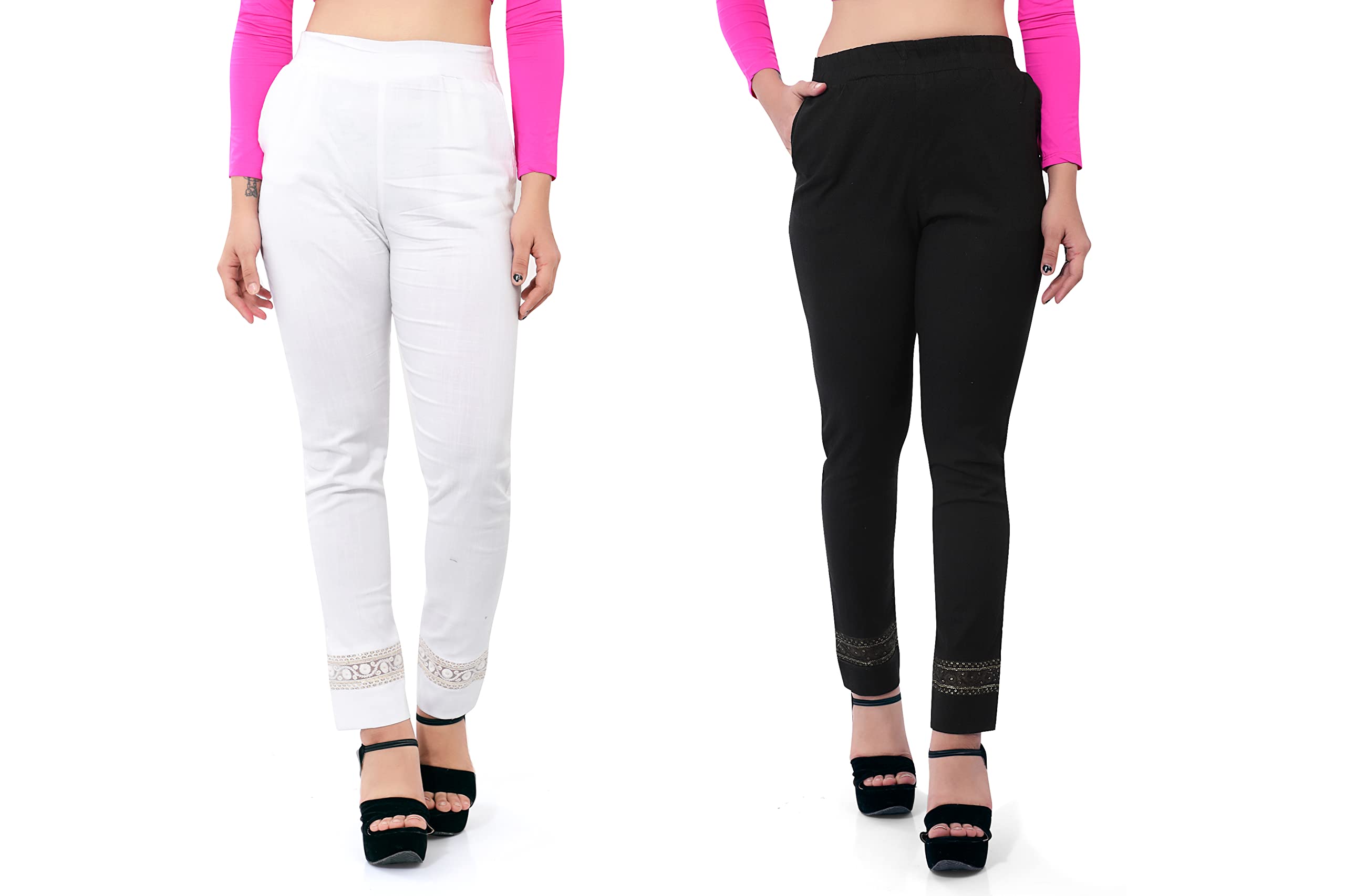 WGSTEN LIFESTYLEWomen's Regular Fit Trouser Pants | Women/Girl's Lycra Flex Bottom Wear for Lace Kurtis & Kurtas | Women's Relaxed/Casual (Assorted Embroidered Lace Lower)