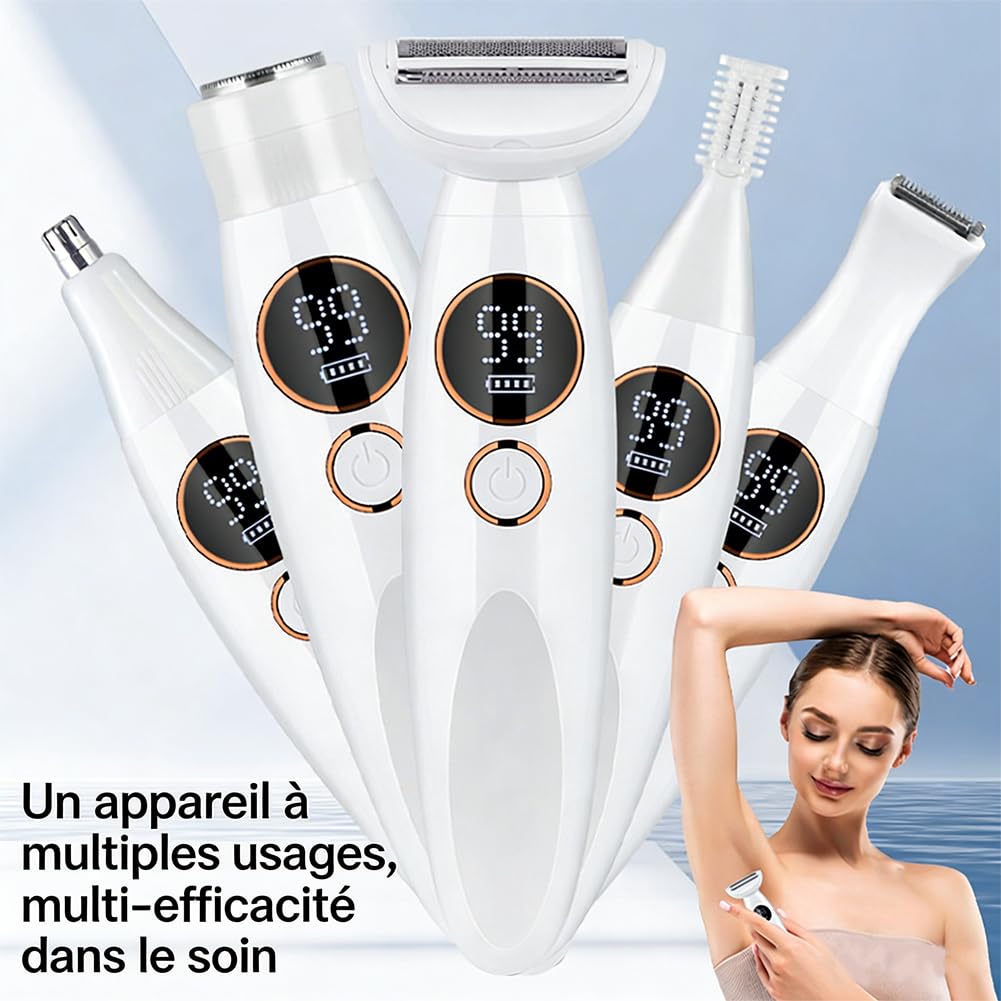 Rasoir Femme 5 En 1, Rasoir Electrique Femme 5 En 1 Etanche, Sec Et Humide Ipx7, Pour Corps, Aisselles, Bikini, Sourcils Et Nez (Blanc)
