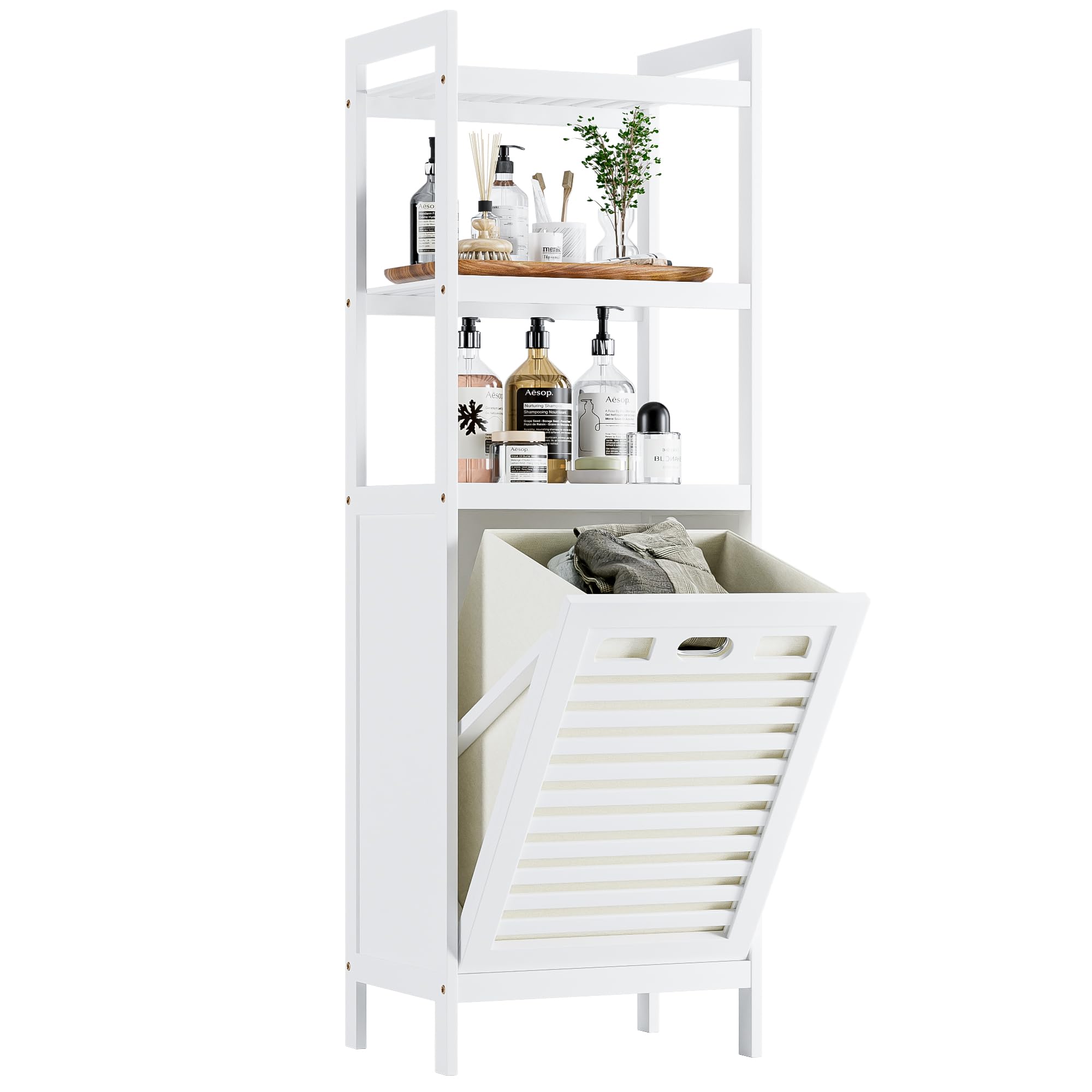 HITNET Bamboo Tilt Out Hamper, Bathroom Laundry Cabinet with Hidden Foldable Basket, Freestanding Clothes Storage Organizer with Storage Shelf, White
