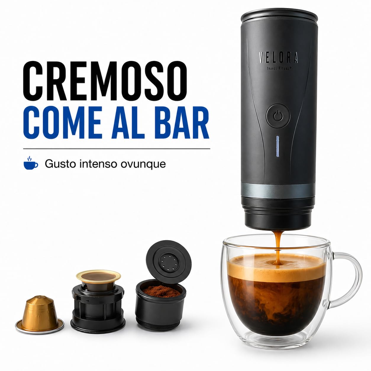 Generico VeloraTravelRitual Macchina Caffè Portatile – Espresso Ovunque, Compatibile Capsule e Macinato, Ricarica USB, Ideale per Auto, Viaggi, Camper e Outdoor