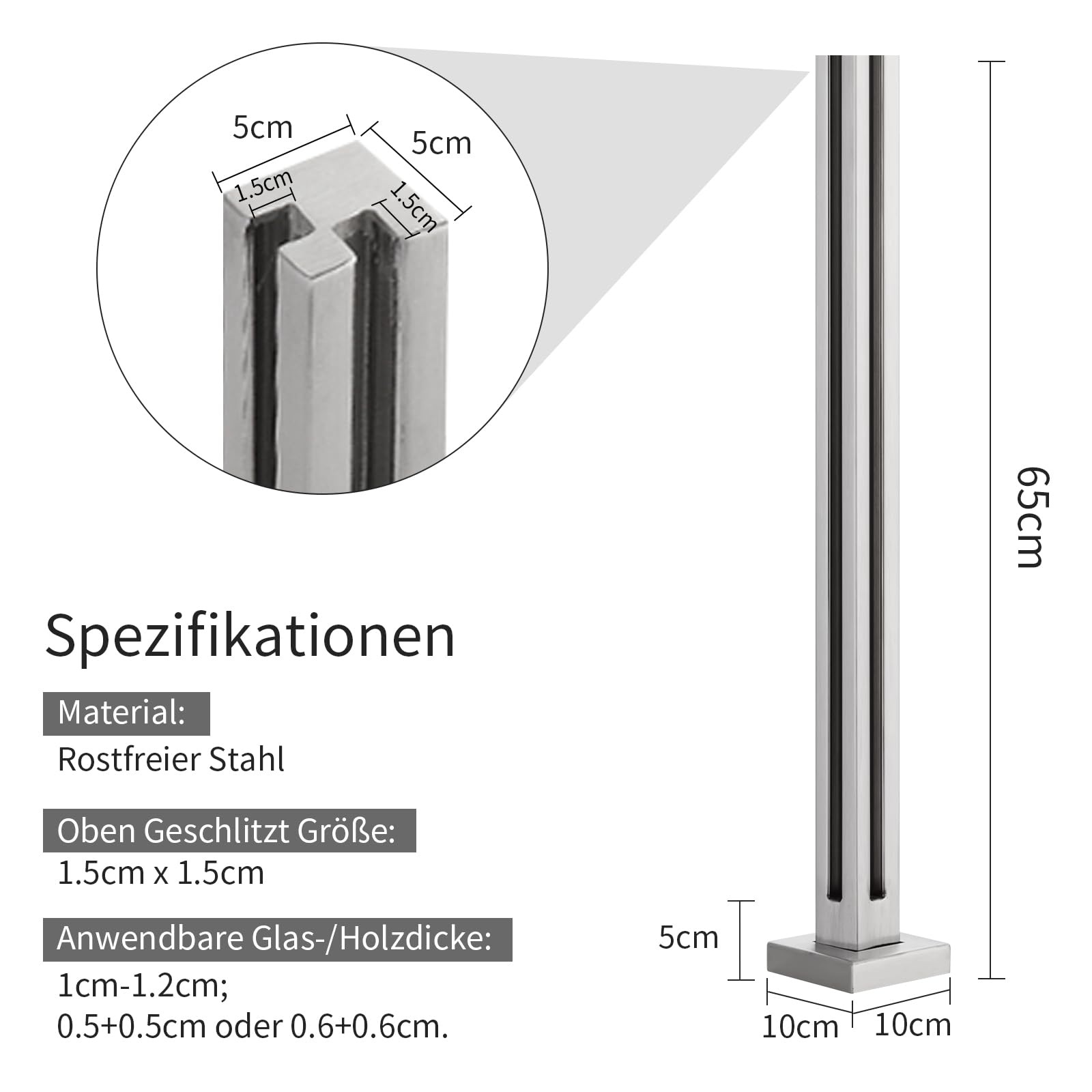 MM MELISEN Poste de balaustrada de cristal, poste de barandilla de vidrio de acero inoxidable 304 para peldaños, balcones, escaleras, terrazas, escaleras de patio (Silver-65cm- Corner Post)
