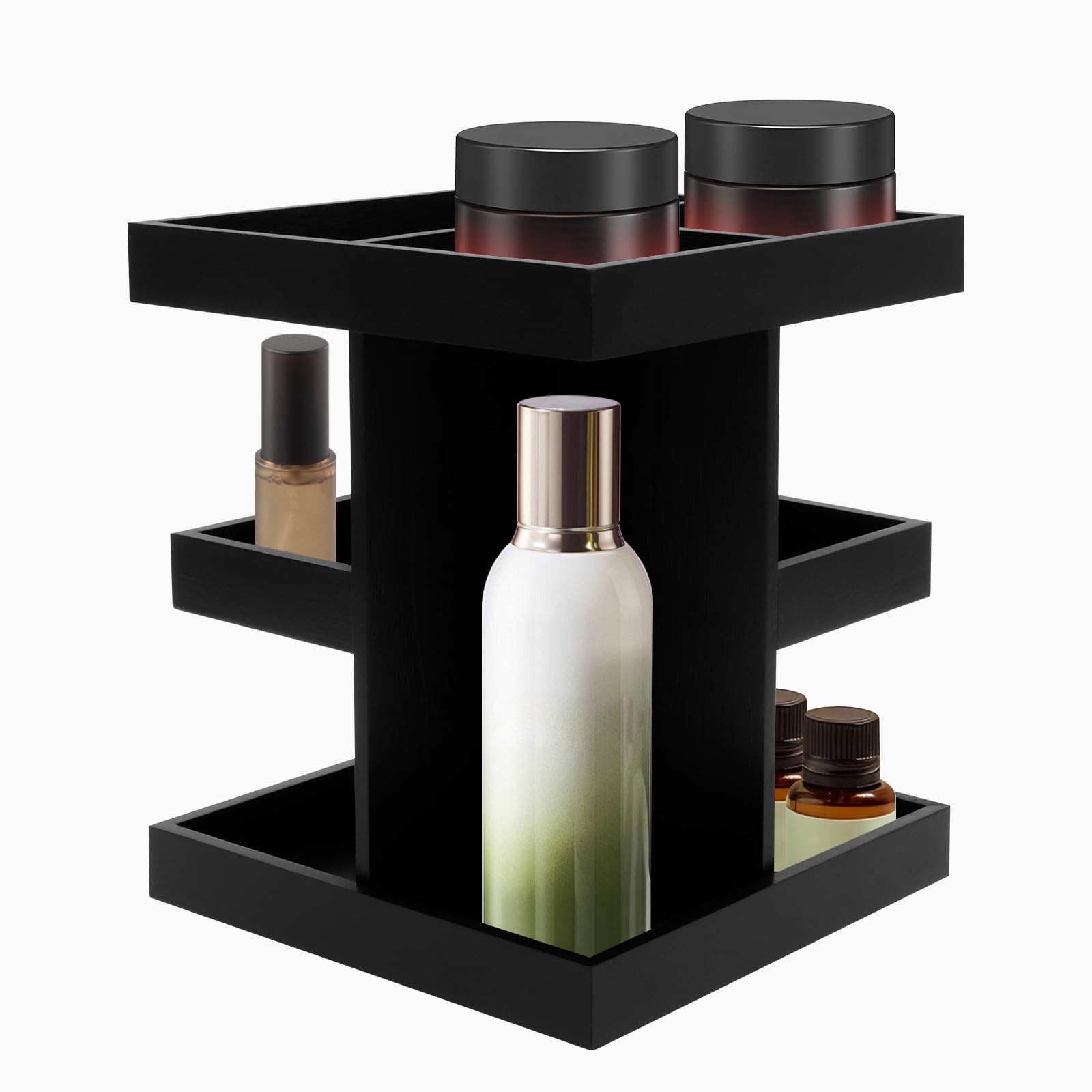 Zhjiutak Black Makeup Organiser 360 Rotating, Wood Skincare Cosmetic Organizer,Bathroom Organiser Countertop Storage,Tidy Storage Shelf Trays For Perfume, Jewelery, Brush, Vanity Desk, Dresser, Bedroom