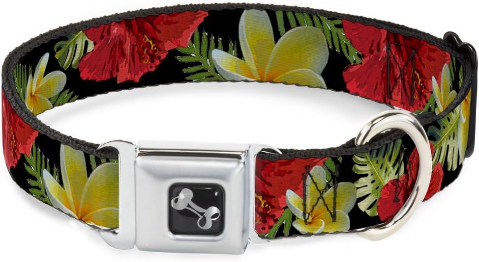 Dog Collar Seatbelt Buckle Tropical Floral Collage Black Red Orange 18 to 32 Inches 1.5 Inch Wide