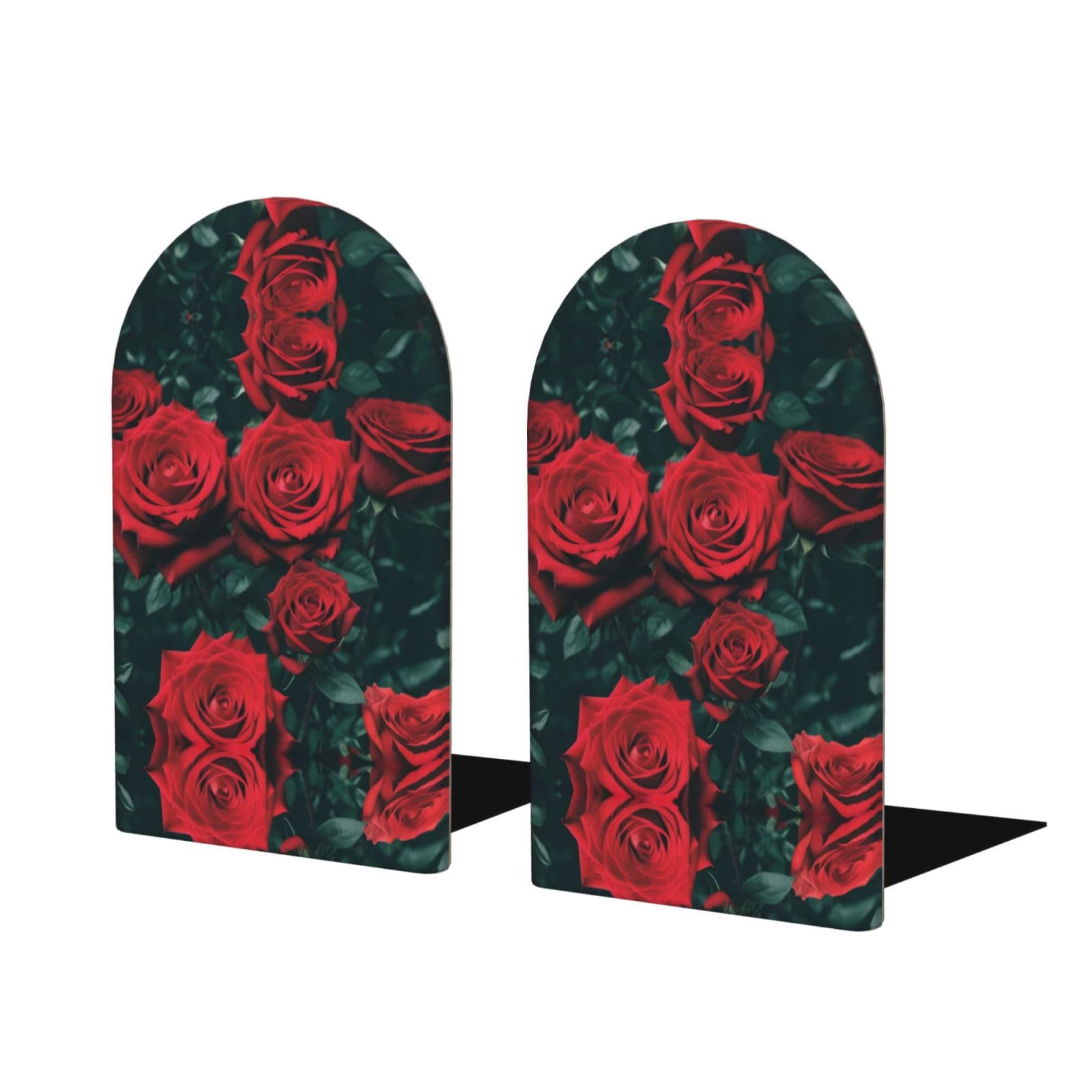 Red Rose Stylish Bookends with Full-Print Design Durable Wooden and Metal Bookend Set for Home, Office
