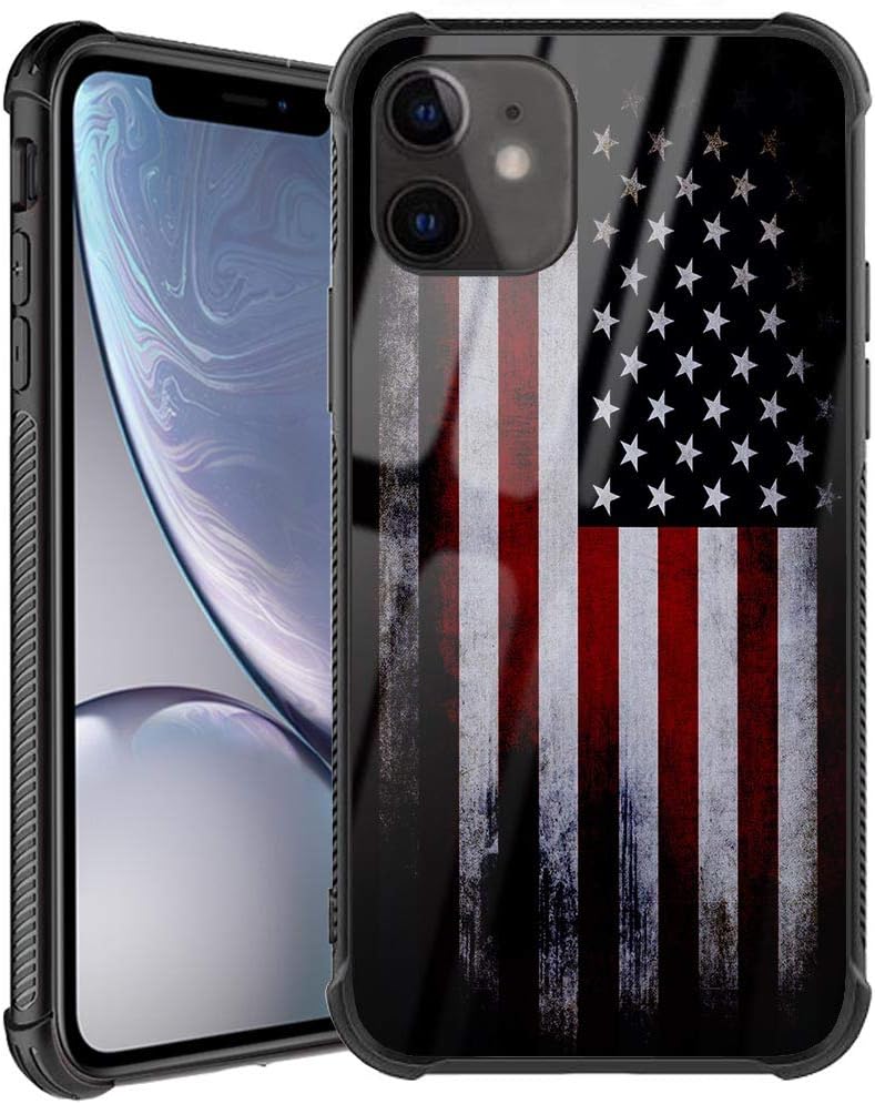 Doulounan iPhone 11 Case, American Flag for Men Boys Patriotism Design Slim Fit Tempered Glass Cover with Soft Silicone TPU Shockproof Bumper Case for iPhone 11 Case 6.1 inch Cool Old USA Flag