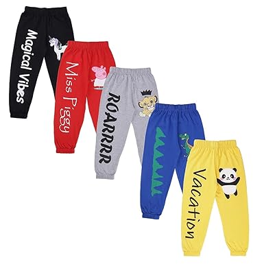 Fingers Boys Girls Kids Pack of 5 Track Pants Pajamas Joggers Sweatpants Cotton Sports Athletic Casual Wear in Cartoon Print