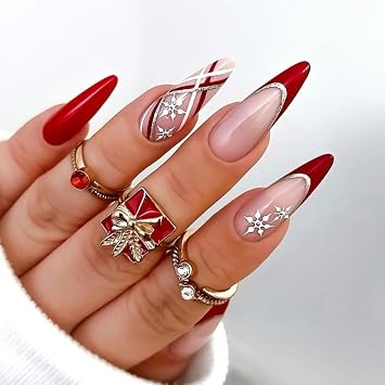 Long Stiletto Press On Nails Christmas Fake Nails Snowflake With Line Glitter Design French Tip False Nails Red Full Cover Acrylic Glue On Nail Winter Xmas Stick On Nail For Women 24pcs