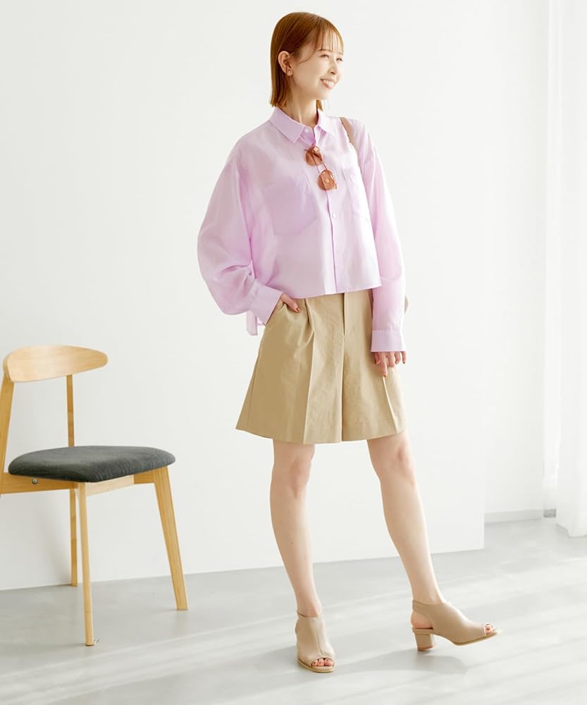 ARCH THE ベージュ クロップドシャツ 長袖 肩開き 長袖 Tシャツ[品番：AZ000003541]｜andme（アンドミー