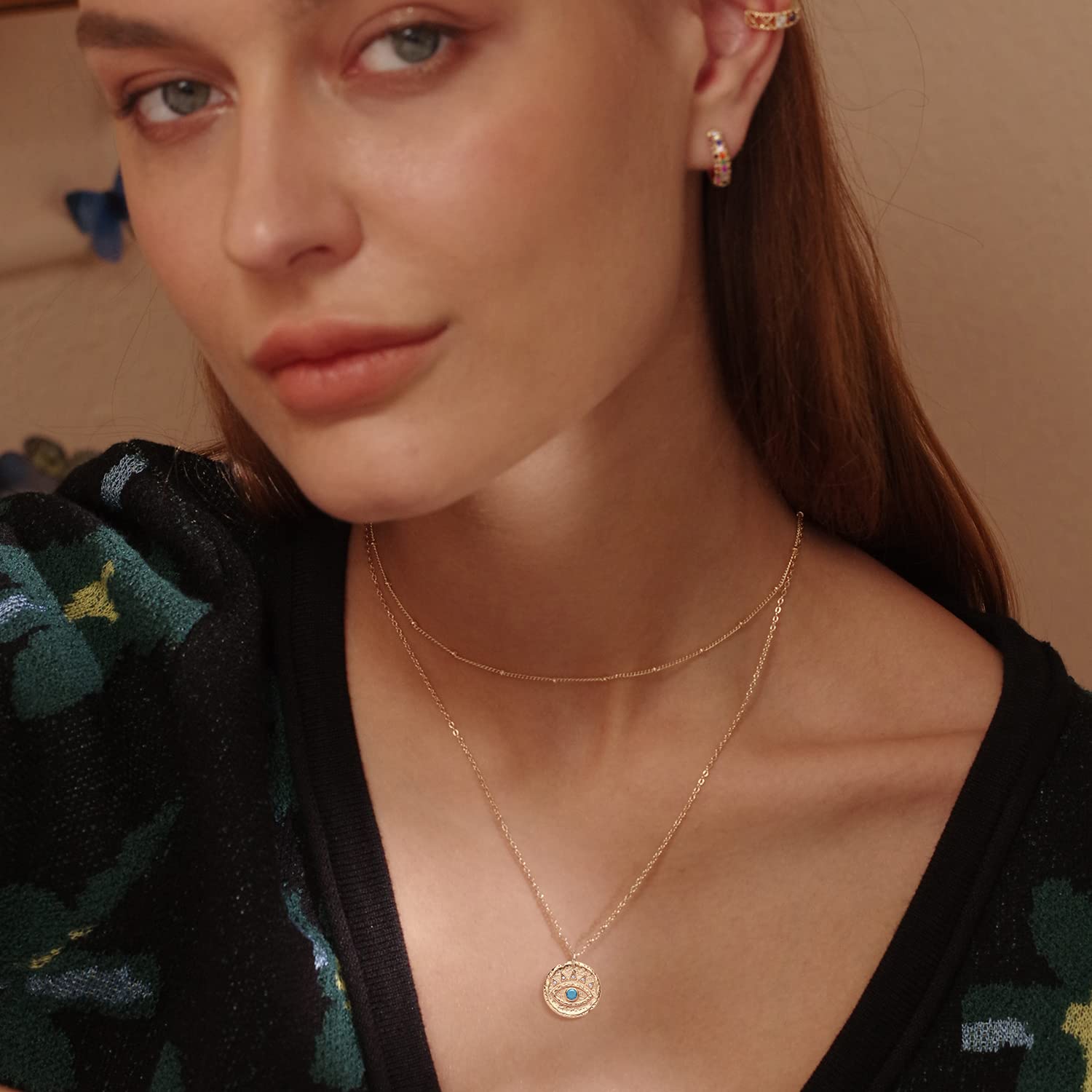 MEVECCO Layered  Necklace Pendant Handmade 18k Gold Plated Dainty Gold Choker Arrow Bar Layering Long Necklace for Women