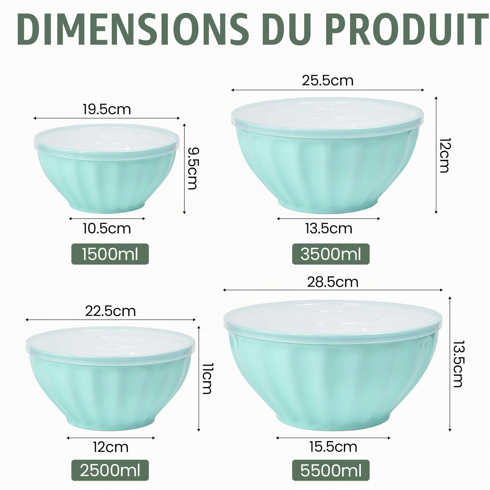 Lot de 4 saladiers en plastique avec couvercle (1,5 l/2,5 l/3,5 l/5,5 l) - Grand bol mélangeur empilable pour le rangement, le camping, la cuisine