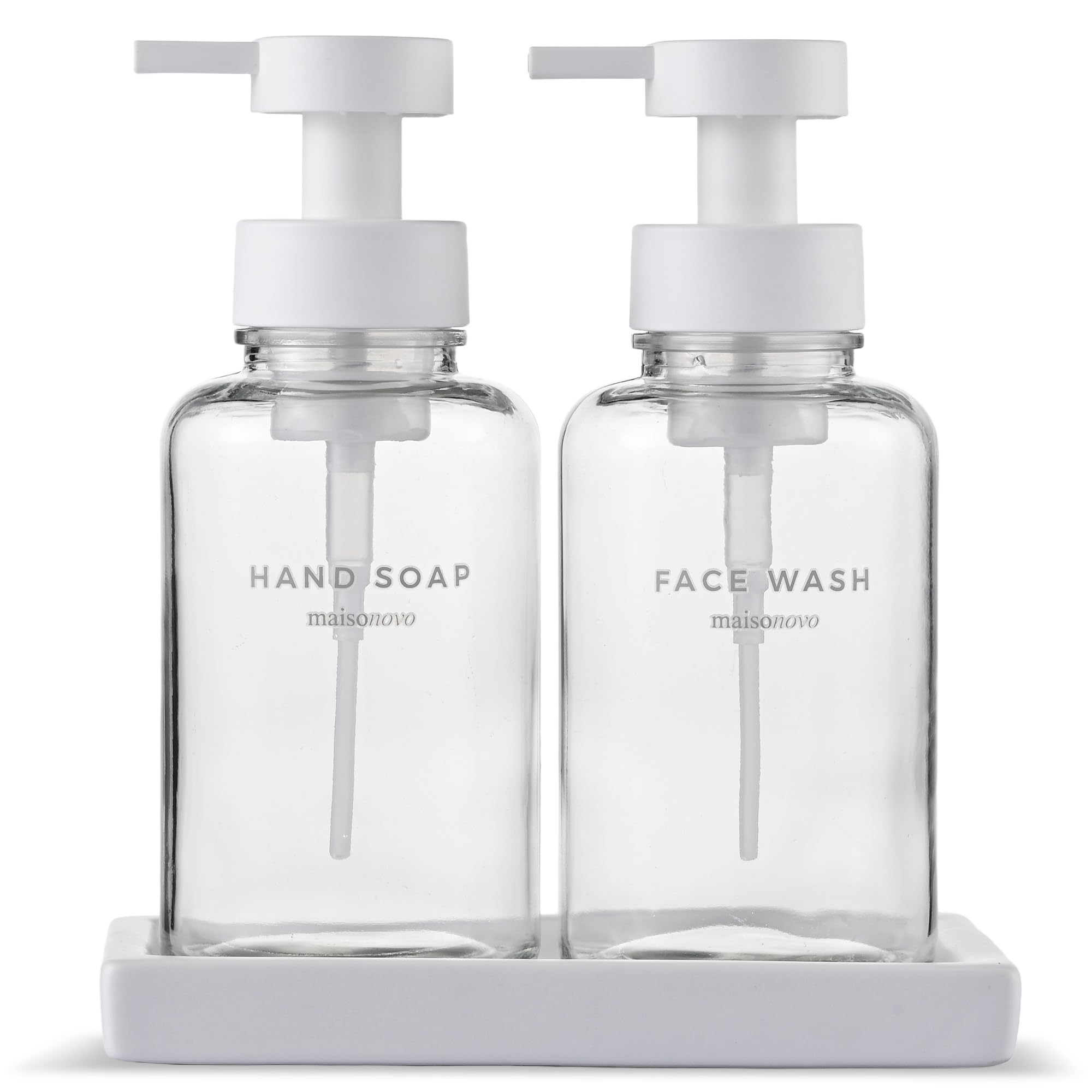 Maisonovo Clear Bottles/White Plastic Pumps/Ceramic Tray Glass Foaming Soap Dispenser - 400 Ml Clear Glass Foaming Hand Wash Dispenser White Pumps X 2 With White Waterproof Labels