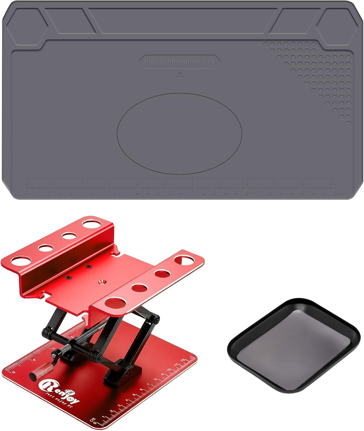 RC Car Work Stand Aluminum Repair Workstation Lift Lower with Screw Tray and Silicone Working Mat for Axial Arrma Redcat Losi 1/8 1/10 1/12 RC Car Tool, Red