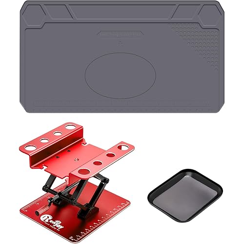 RC Car Work Stand Aluminum Repair Workstation Lift Lower with Screw Tray and Silicone Working Mat for Axial Arrma Redcat Losi 1/10 1/12 1/14 1/16 1/18 1/24 RC Car Tool, Red
