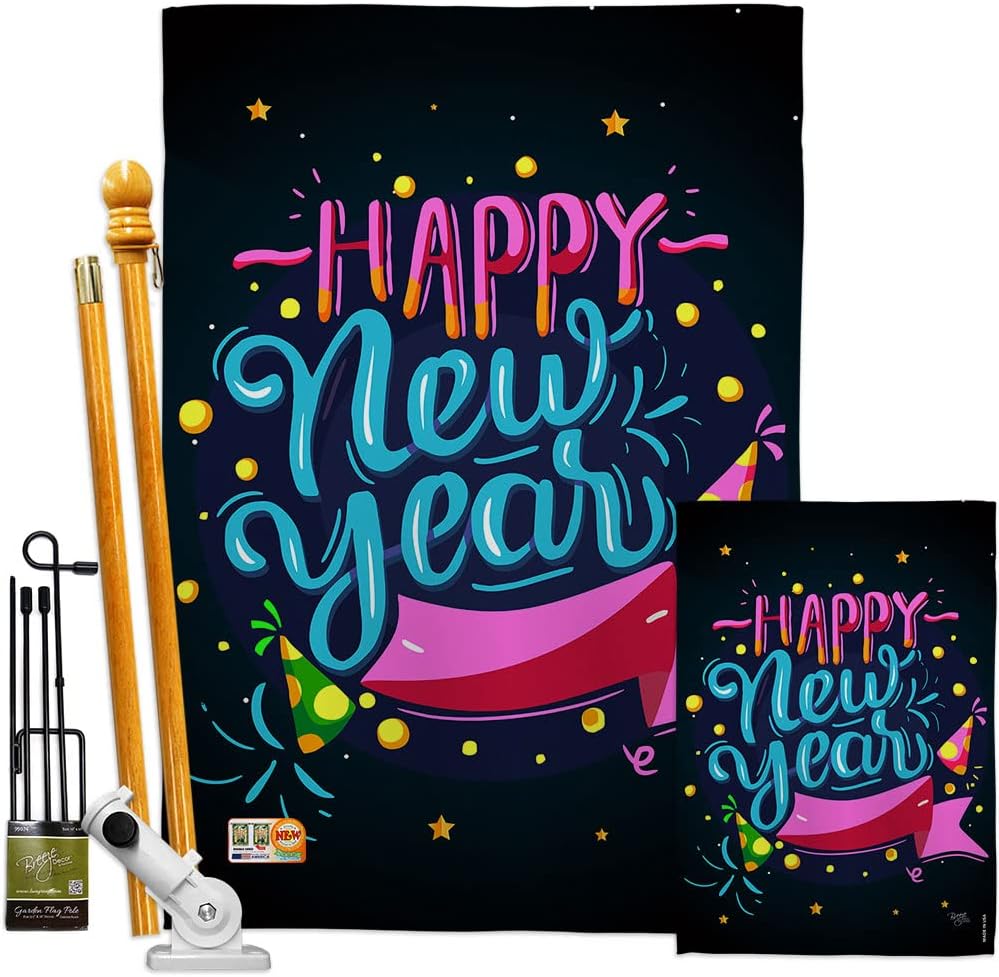 Popping Happy New Year House Flag Clock Countdown Champagne Party Fireworks Celebrate Small Decorative Gift Yard Banner Made In USA 28 X 40