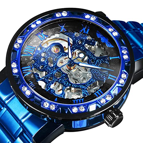 YONY Nuevo Reloj mecánico para Hombre Tallado en Cristal Helado Relojes para Hombre de Marca Superior Correa de Acero de Lujo Reloj de tamaño Unisex-Blue BLK Blue BLK