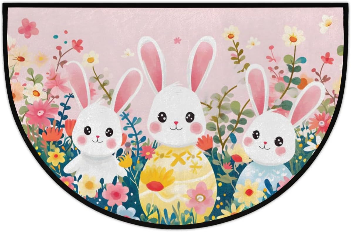 cfpolar Half Round Door Mat Flower Eggs Bunny Easter Non-Slip Semi Circle Area Rug Washable Semi Circle Floor Rug for Indoor Outdoor Living Room Bathroom Kitchen Patio Hearth Rugs Home Decoration