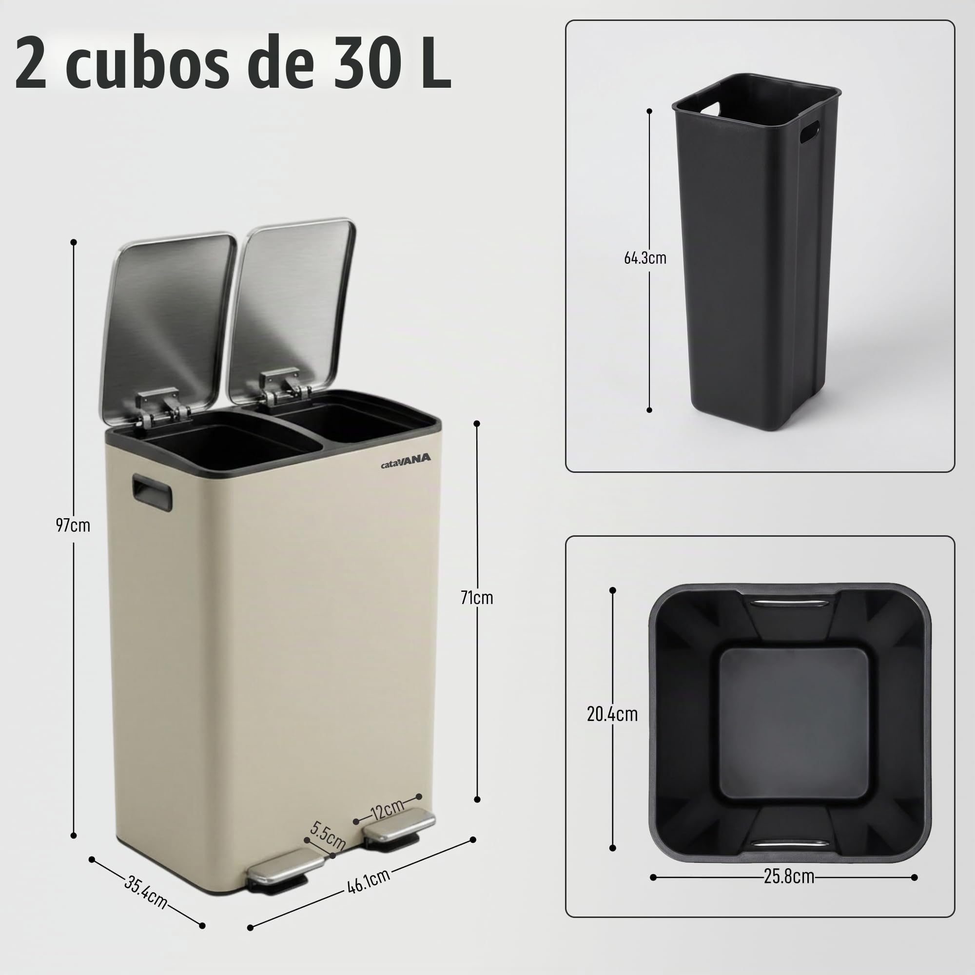CATAVANA Papelera de cocina de clasificación selectiva 2 x 30 L - Doble compartimento 60 L - Papelera moderna para reciclaje - Diseño elegante - Beige