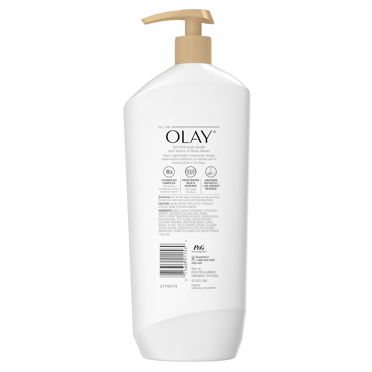 Olay Body Lotion for Women, Effortless Glow, Restore Natural Glow, 24hr Moisturizing & Deep Hydration, Absorbs Instantly, Penetrating Vitamin B3 Complex, For All Skin Types, Rose Water Scent, 18 fl oz