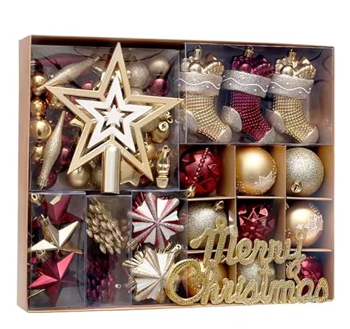 POPSNJOY 70 Pieces of Red And Gold Christmas Decorations Tree Top Star Bauble Painted Gift Box Set Tree Hanging Decorations for Hanging Holiday Family Decoration Party
