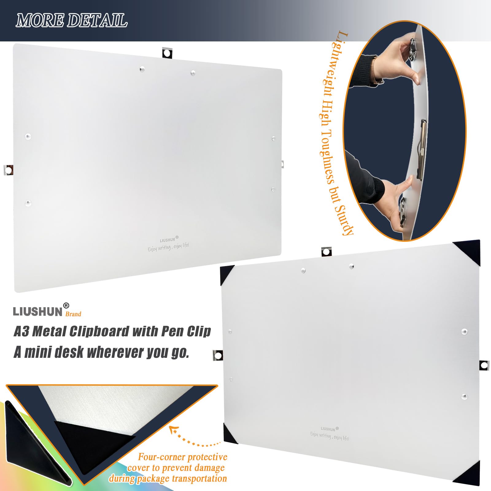 Klemmbrett mit drei Clips, Aluminium, 28,9 x 43,2 cm, Metall, Edelstahl, hängbar, Kunststifthalter, extra großes Klemmbrett für Business, Mediziner, Werkstatt (Silber, A3-3Clip)