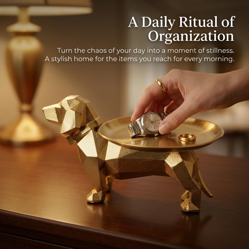 Gold Dog Statue Tray for Keys, Rings, Candy Dish, Home Decor