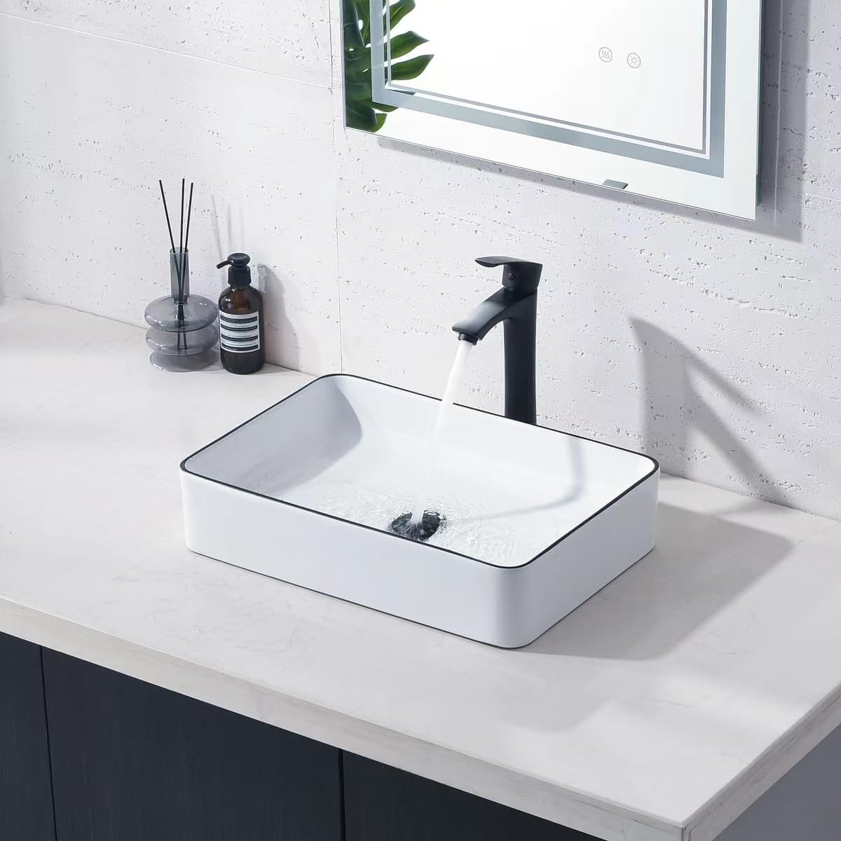 20 Inch Rectangular Bathroom Vessel Sink,20x14 Inch Bathroom Sink White Background with Black Rim Vessel Sink Small Bathroom Sink Above Counter Porcelain Vessel Sink Lavatory Vanity Sink Basin