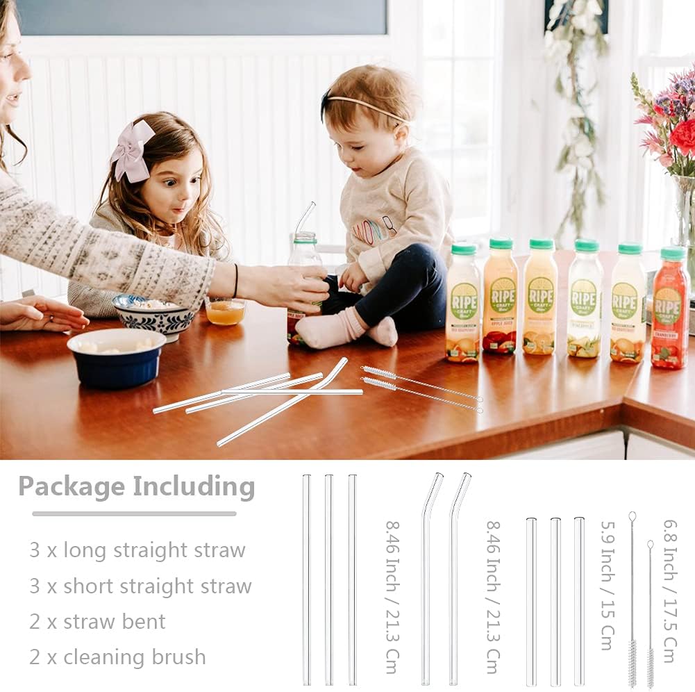 AOTWAN 10 Pack Glass Straws Drinking Reusable,Size 8.5''x10MM and 6''x10MM,Glass Straws Shatter Resistant Including 6 Straight and 2 Bent with 2 Brushes,Reusable Glass Straws for Cocktail,Smoothies