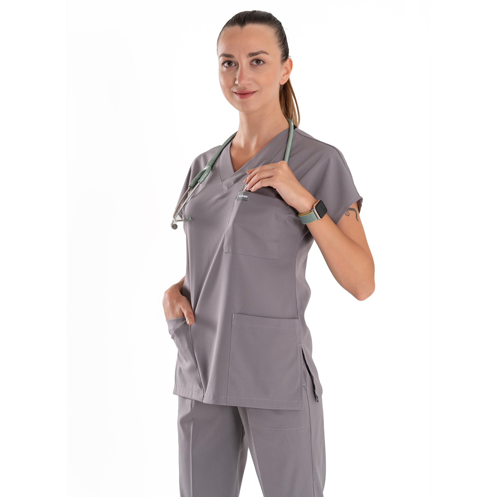 Uniformes médicos profesionales y uniformes quirúrgicos – Conjunto de uniformes médicos de tela elástica suave para mujer – Parte superior e inferior de uniforme médico, gris, XL