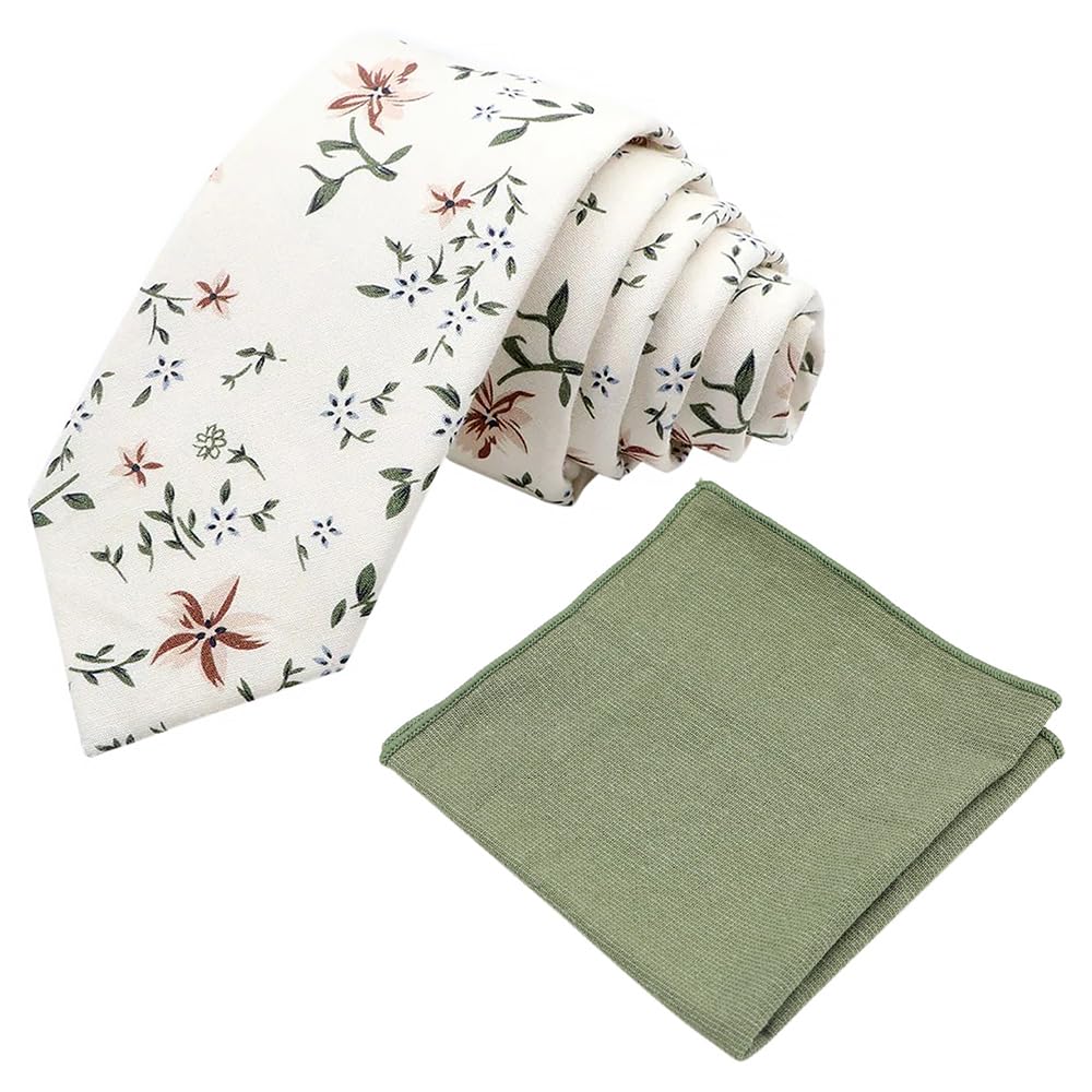 Db Dickie Bow Men's Cream, Peach & Green Floral And Green Floral Luxury Cotton Skinny Neck Tie & Pocket Square Set (Cream, Peach & Green Floral And Sage Green) - Suitable For Formalwear, Office, Weddings, Parties, Grooms & Grooms Outfits