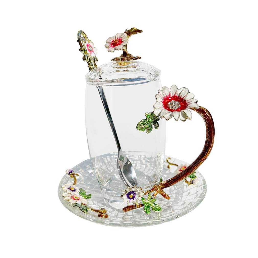LANTREE Sunflower Glass Tea Cup with Lid and Saucer Christmas Gifts for Women Daisy Flower Tea Cup Birthday Gifts for Women(Daisy 12oz)