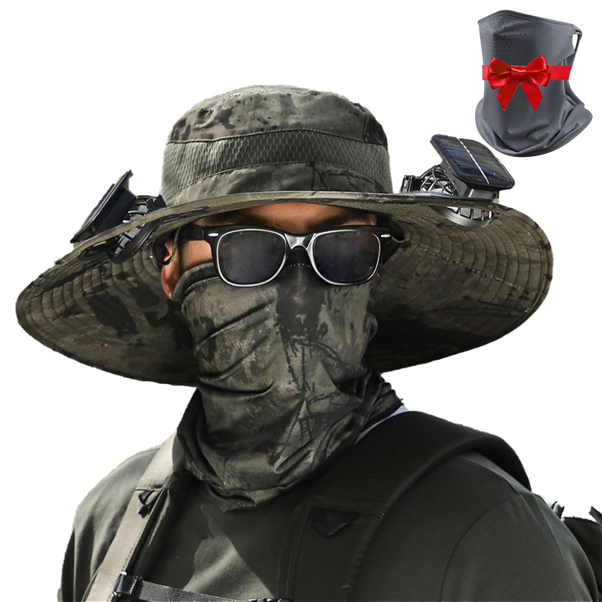 Wide Brim Solar Fan Outdoor Fishing Hat,Solar Fan Hat Breathable Wide Brim Sun Hats,Ultralight Solar Fans Sun Hats (GreenM)