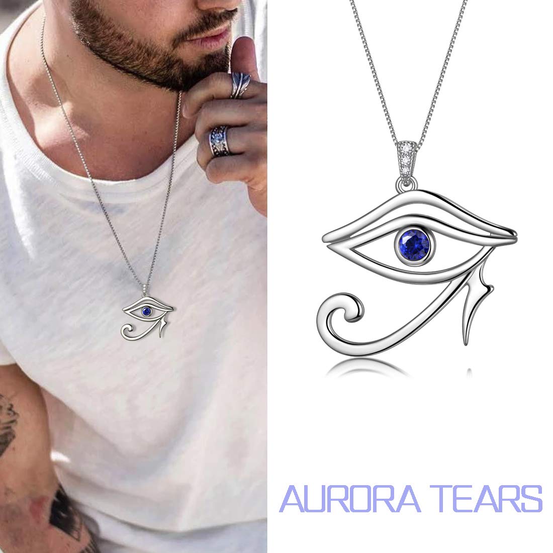 Aurora Tears Collane con occhio egiziano di Horus, orecchini a perno, set di gioielli in argento sterling 925, con ciondolo a forma di occhio malocchio, orecchini