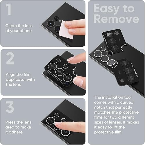 Vista 5 de FLOLAB NanoArmour - Protector de lente de cámara para Samsung Galaxy S24 Ultra, duradero, cubierta de vidrio templado, cubierta de lente de plateado