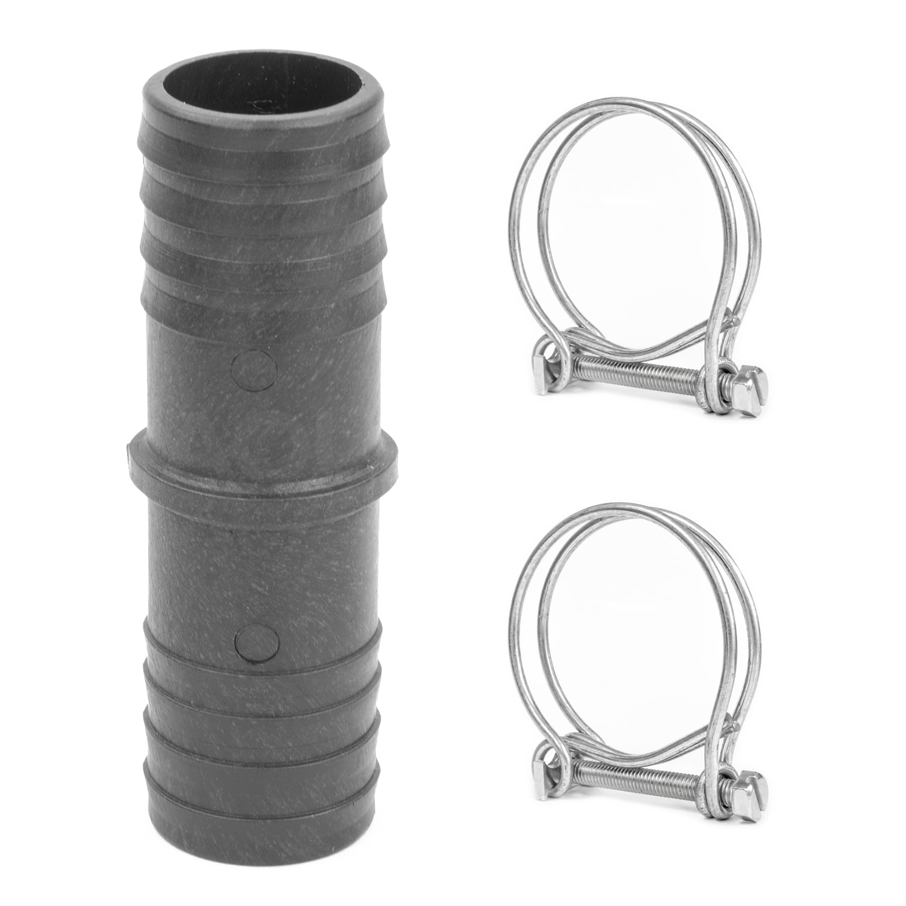 Pisces Inline Pond or Garden Barbed Hose Joiner 25mm- 25mm (1-1 inch) with 2x Double Wire Hose Clips- Tubing Adapter for Hosepipe