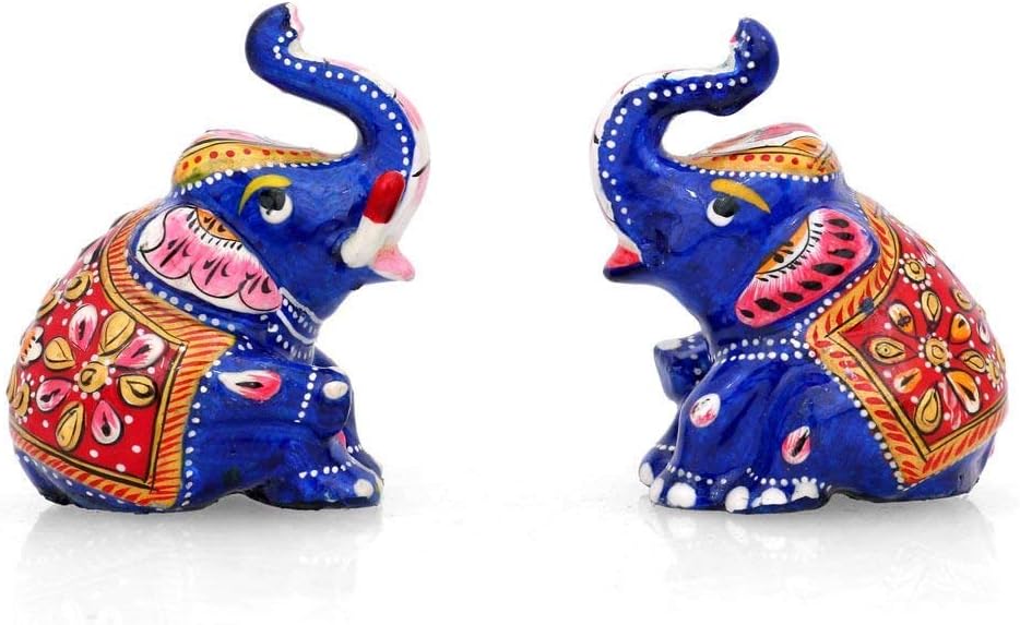 Lucky Elephant Pair Figurines | Trunk Up Metal Meenakari Hand-Painted Animal Statues for Home & Office Decor (2.5 in)