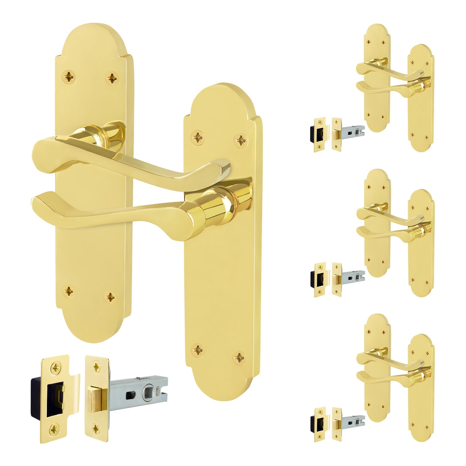 EAI Polished Brass Door Handles with Latch 64mm, 4 Pack - Victorian Scroll