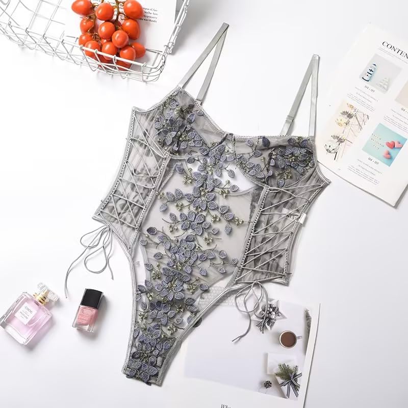 Lilosy Women Sexy Lace Up Floral Embroidered Teddy Lingerie Bodysuit Top Mesh Sheer One Piece: 3X-Large Grey