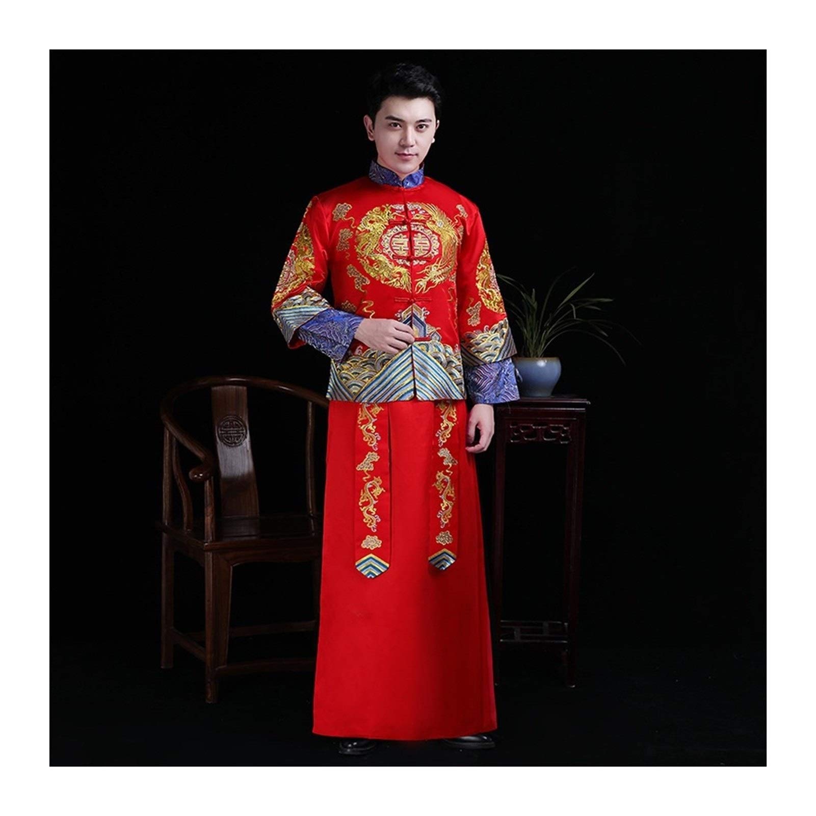 Homeilteds Women's Men Dress Vintage Blue Cheongsam Modern Chinese Traditional Wedding Dress Oriental Collars Elegent Long Qipao Comfortable (Color : Size : Xl.)