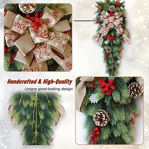 36 Inch Christmas Teardrop Swag, Christmas Holiday Swag Wreaths For Front Door With Lights (Not Pre-Lit) , Natural Pine Cones, Red Berries, For Wall Window Fireplace Indoor&Outdoor Xmas Decor #TOP2