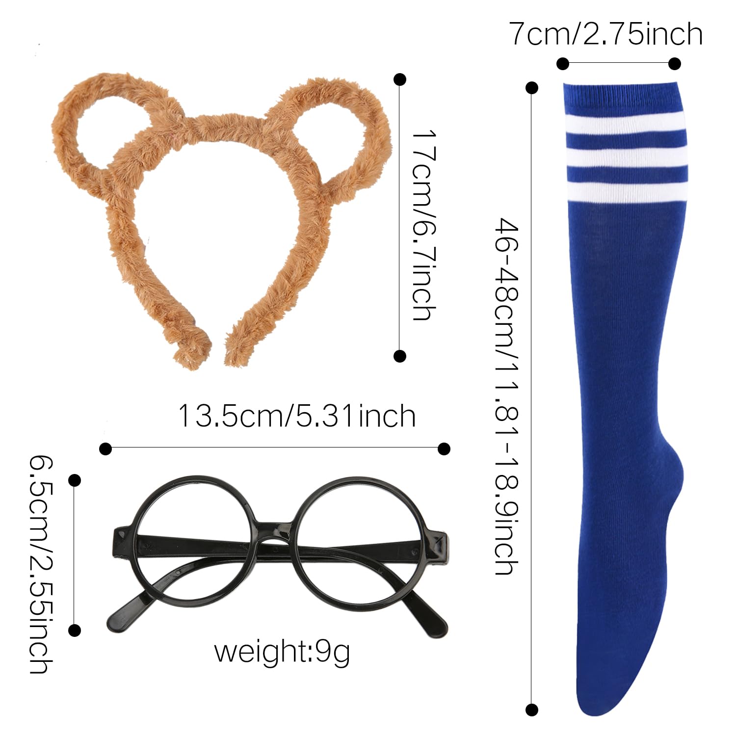 BORFUE 9pcs Halloween Chipmunk Costume Set Animal Ears Hairband Round Glasses Frame Chipmunks Stripes Socks for Adults Teens Party - Image 2