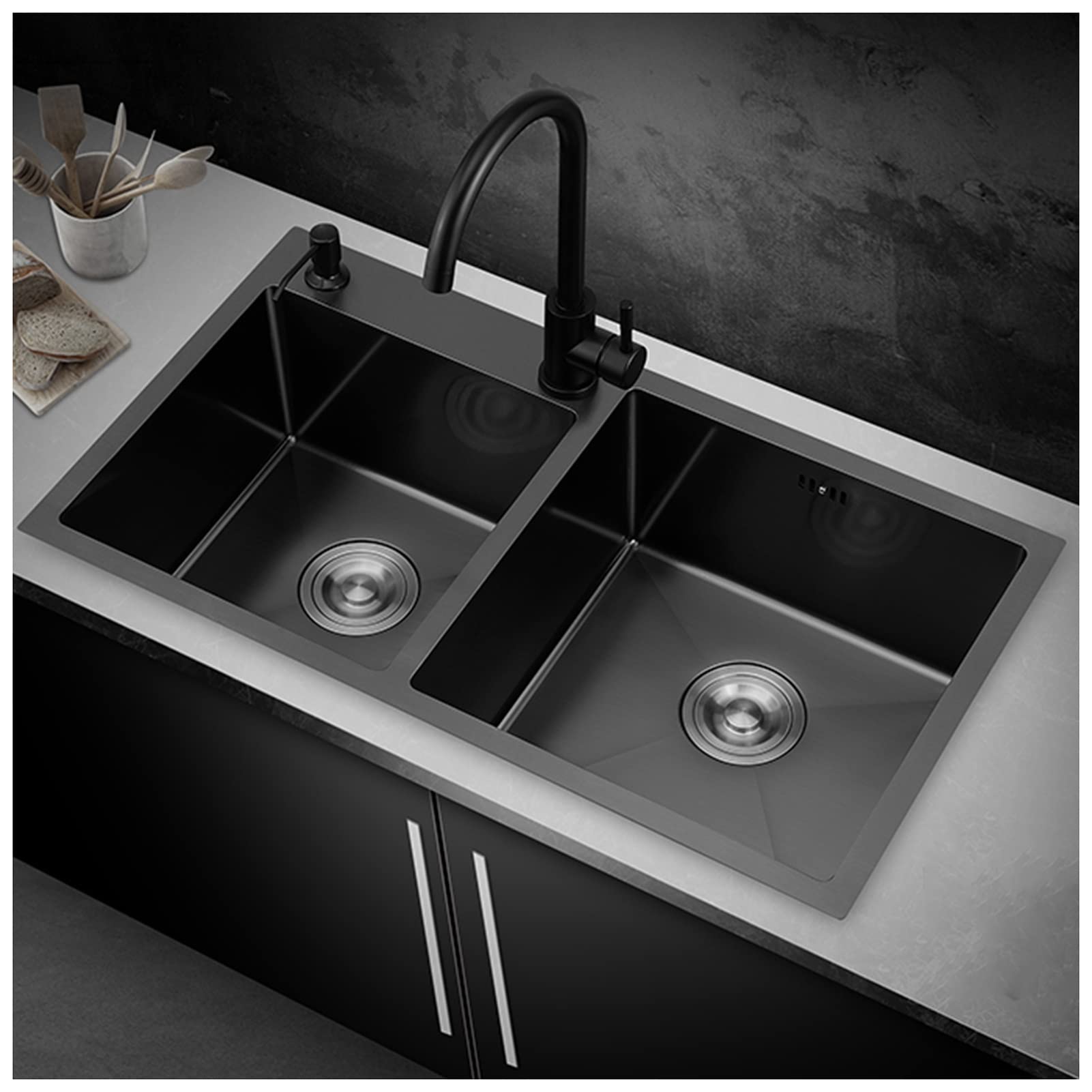 Évier de cuisine double cuve encastrable noir sous plan avec drain