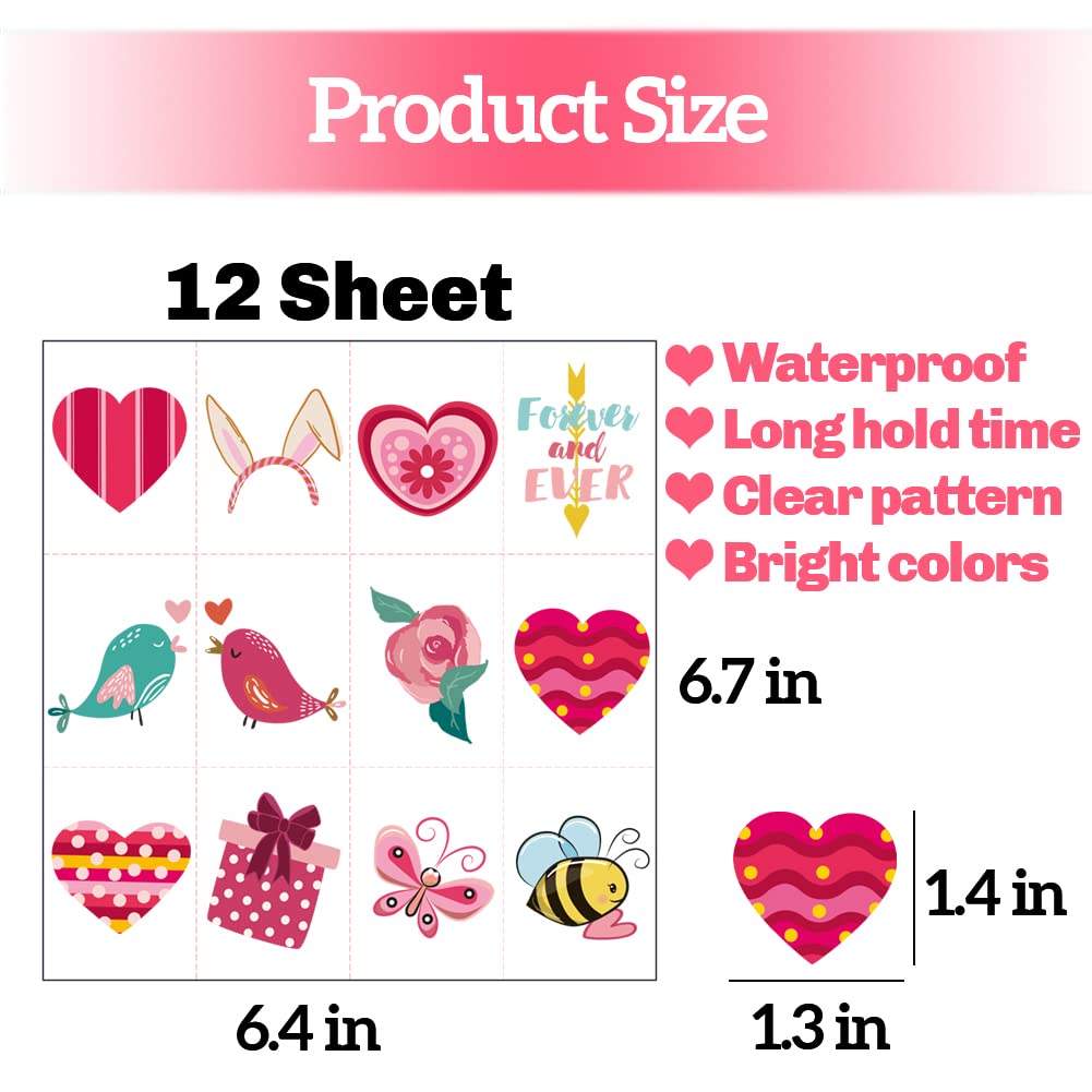 144 Pcs Valentines Day Temporary Tattoos, Assorted Valentine's Day Cute Designs Tattoos Stickers for Kids Adult, Valentine Romantic Fake Tattoos for Party Favor Supplies, Exchange Gifts, School Prizes
