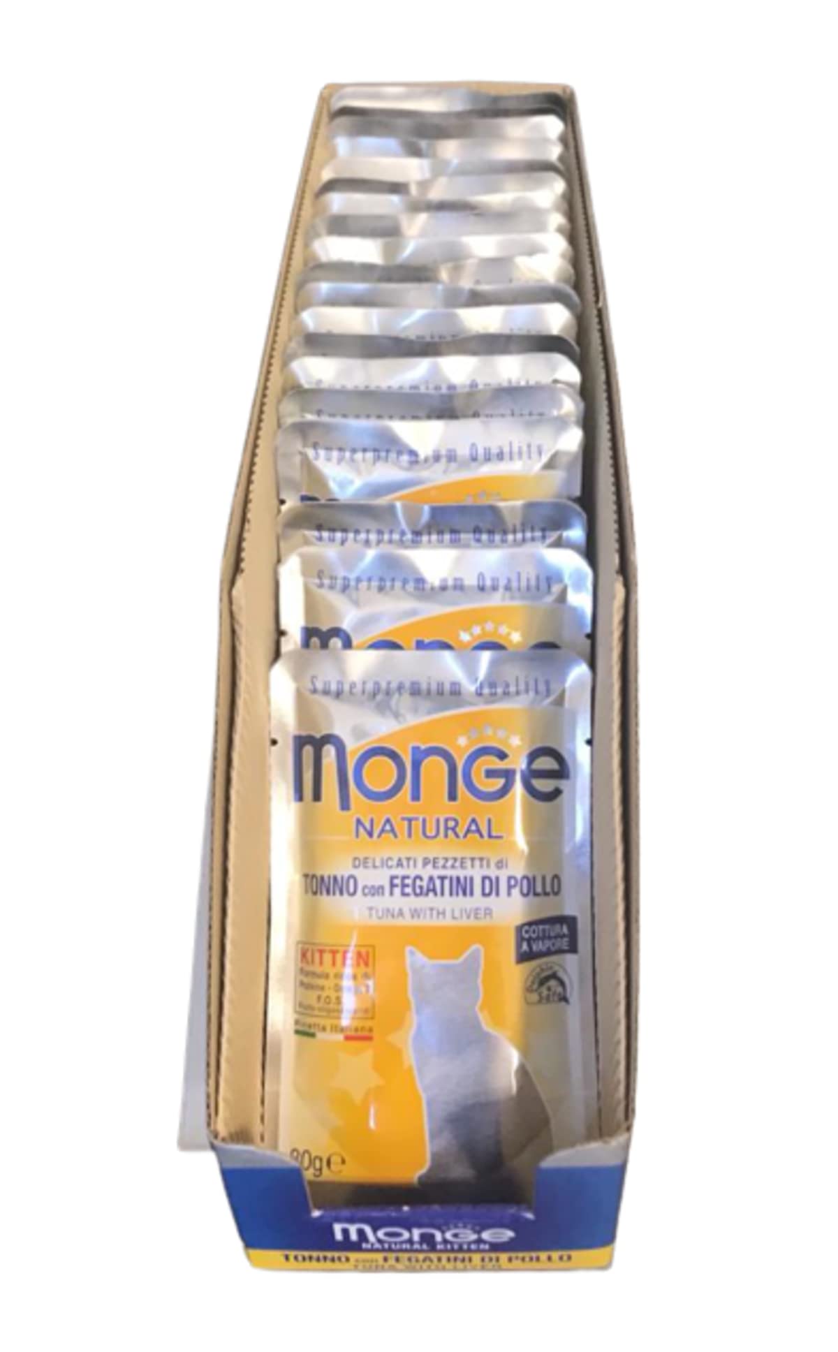 Monge Natural Supremium quality Mokre jedzenie dla dorosłych kotów smak Tuńczyk z Wątróbki z kurczaka gotowane na parze. Opakowanie 24 saszetek (1 saszetka = 80 gr.) Bez barwników i konserwantów