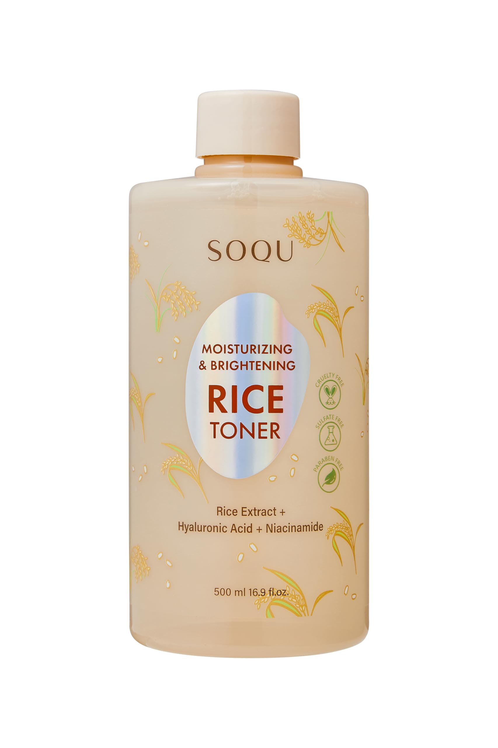SOQU Moisturizing and Brightening Rice Toner - Enriched with Rice Extract, Niacinamide, and Hyaluronic Acid - 500ml / 16.9fl oz - Made in Korea