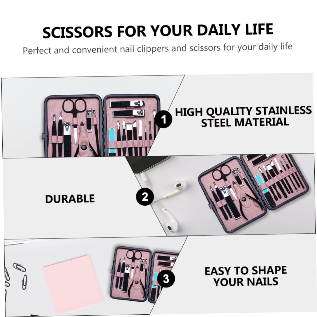 Kit de Manicura 18 Piezas de Acero Inoxidable Rosa | 1 Set Portátil, Alta Resistencia, para Grooming y Manicure, Accesorios Compactos de Uso Personal