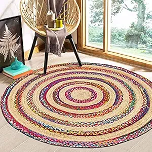 Beautiful Home Natual Jute & Cotton Chindi Braided Rug, Hand Woven & Reversible, Multi-Color Vibrant Fabric Rags for Living Room, Bedroom, Kitchen, entryways (60 cm Round)