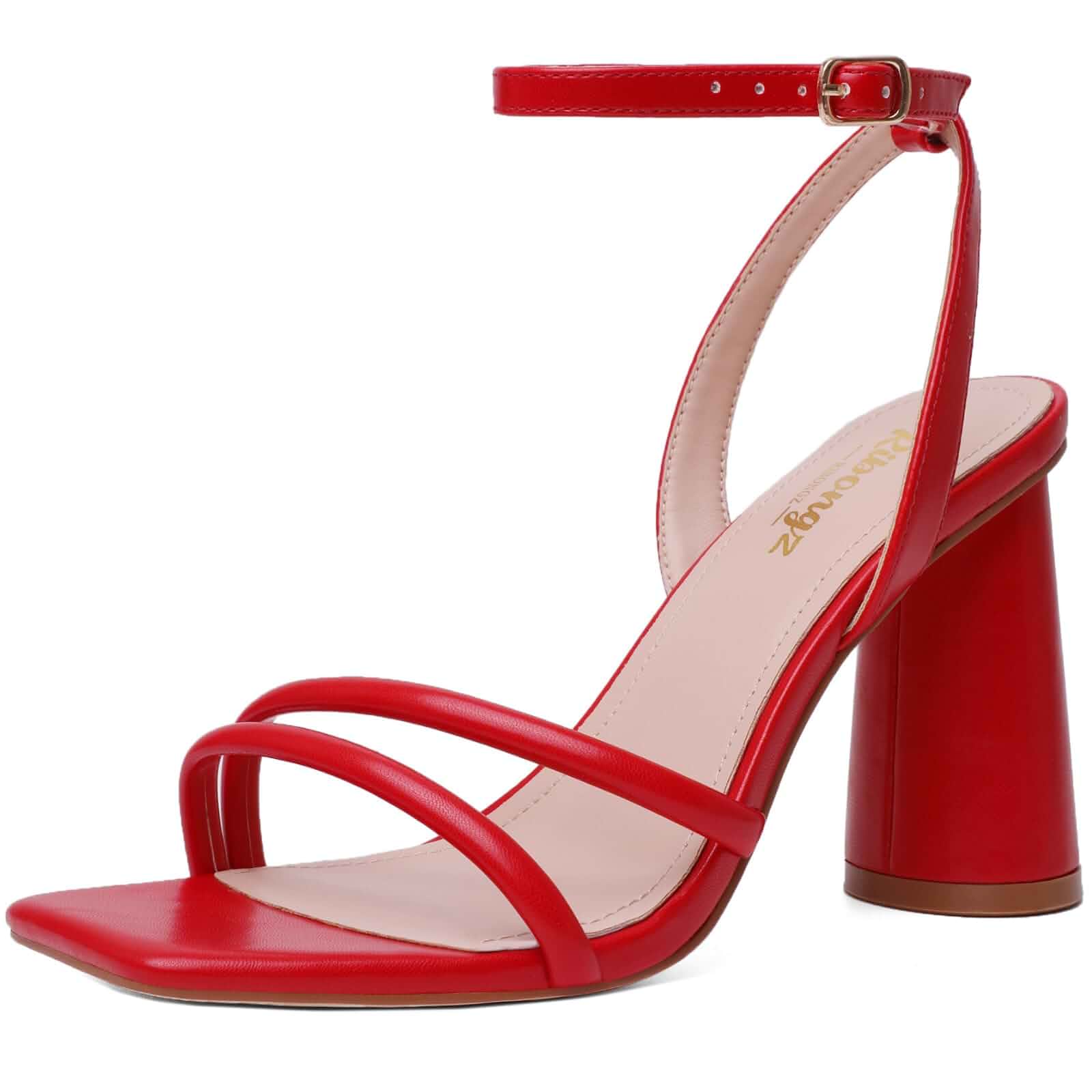 RIBONGZ Block Heels Prom Heeled Sandals for Women Chunky Square Open Toe Strappy High Heels Ankle Strap Wedding Bridal Shoes High Heel Sandals for Party Dress