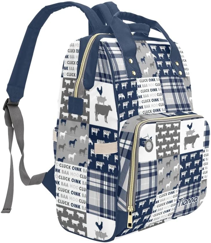 XOZOTY Farm Life Car Tractor Plaid Gray Diaper Bags with Name Waterproof Mummy Backpack Nappy Nursing Baby Bags Gifts Tote Bag for Women