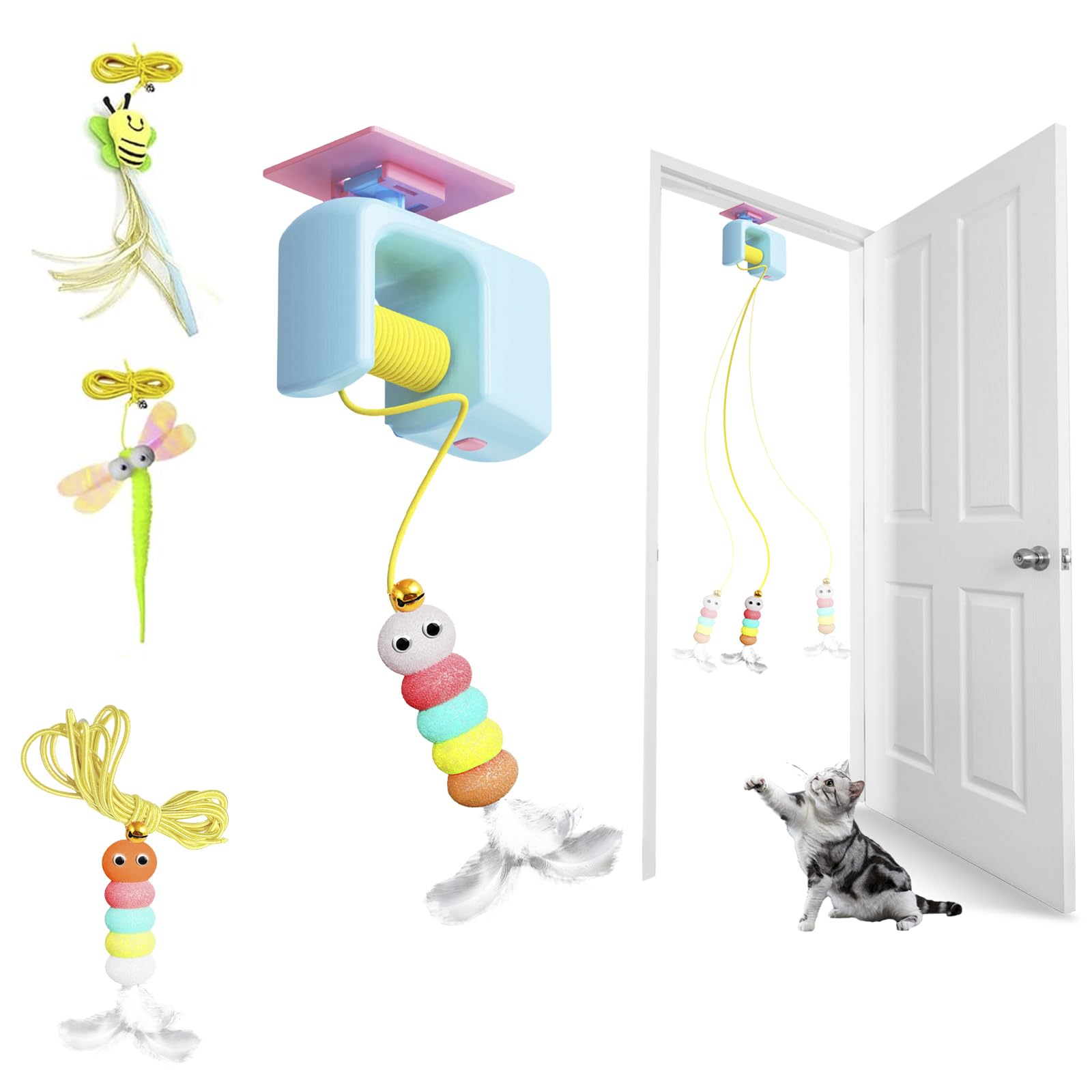 Iriisy Interactive Cat Toys for Indoor Cats Adult Kitten Automatic USB Rechargeable Door Hanging Retractable Feather & Bell Prey Teaser Electric Cat Enrichment Toys for Self-Play Exercising (Blue)