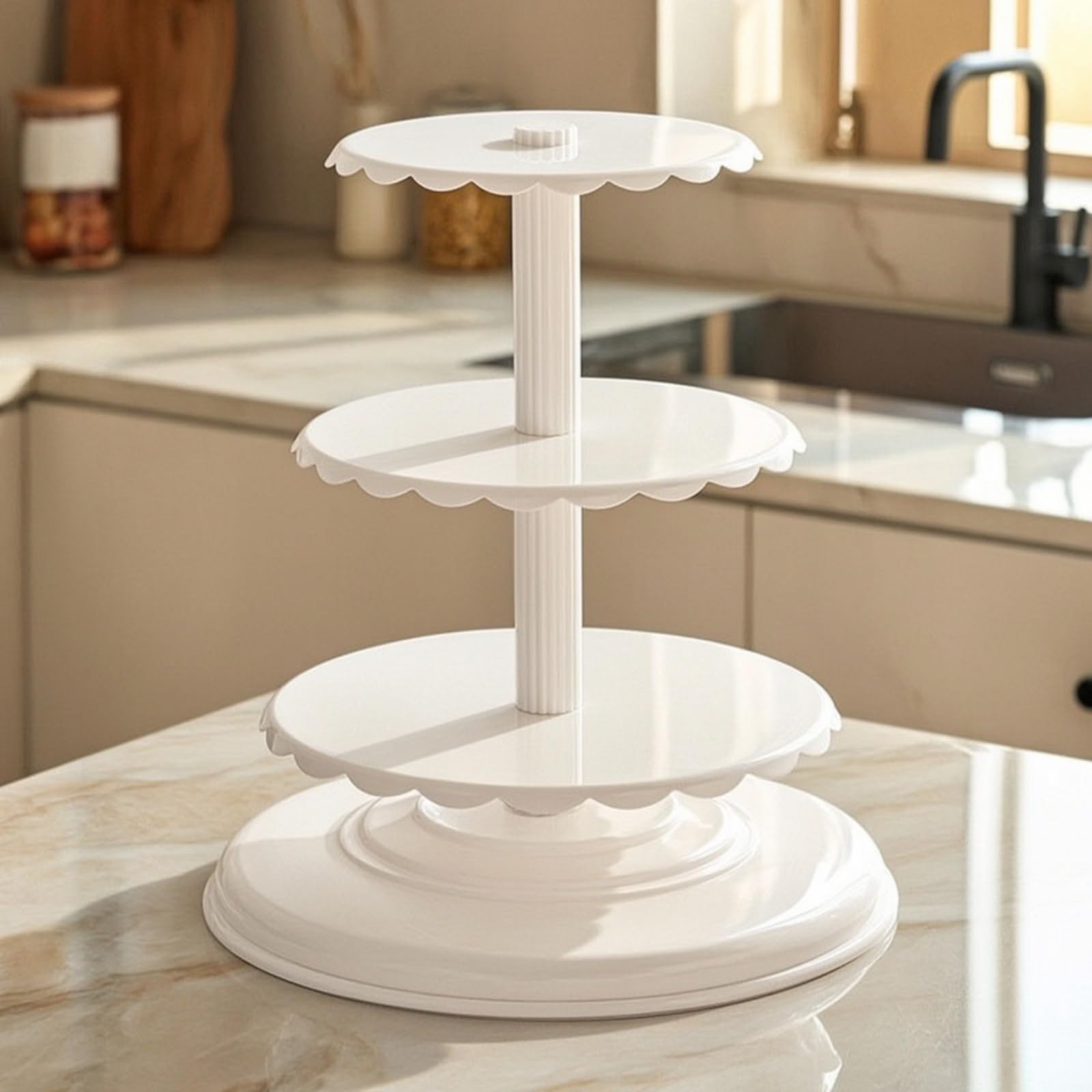 Support à Pâtisseries à Trois Niveaux avec Base Ron Large et Stable pour Exposer Gâteaux et Tartes Lors Réunions, Blanc, Trois Couches pour [6/8/10 Pouces] Espacement 18cm